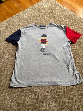 Ralph Lauren Heather Gray Polo Bear Tee with Red & Navy Sleeves